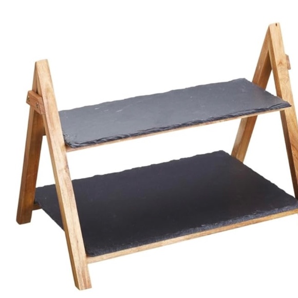 Ernesto 3 pc Slate Serving Stand 2 Tier Slate Acacia Wood Frame New - Picture 10 of 11